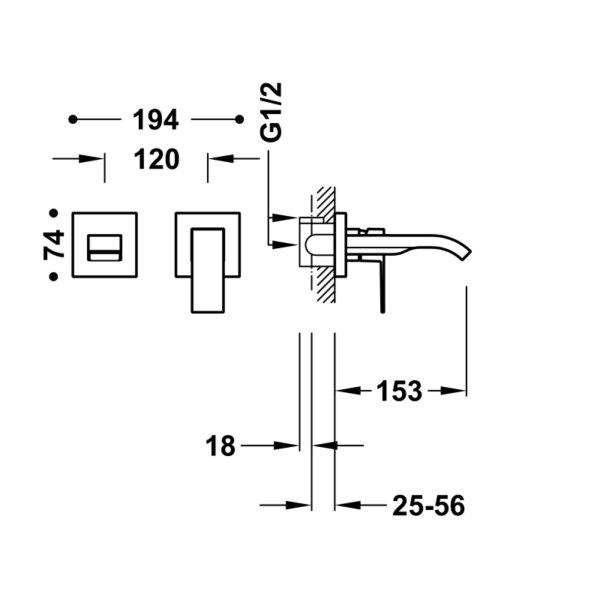 Grifo de lavabo empotrado Cuadro Tres croquis 1