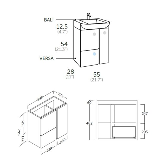 Conjunto mueble de baño fondo reducido 28 cm Versa Coycama croquis 7