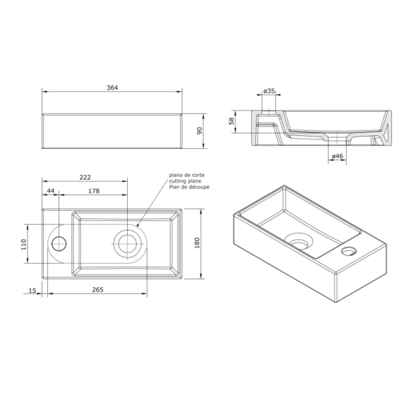 Lavabo sobre encimera Note de Unisan Sanindusa croquis 2
