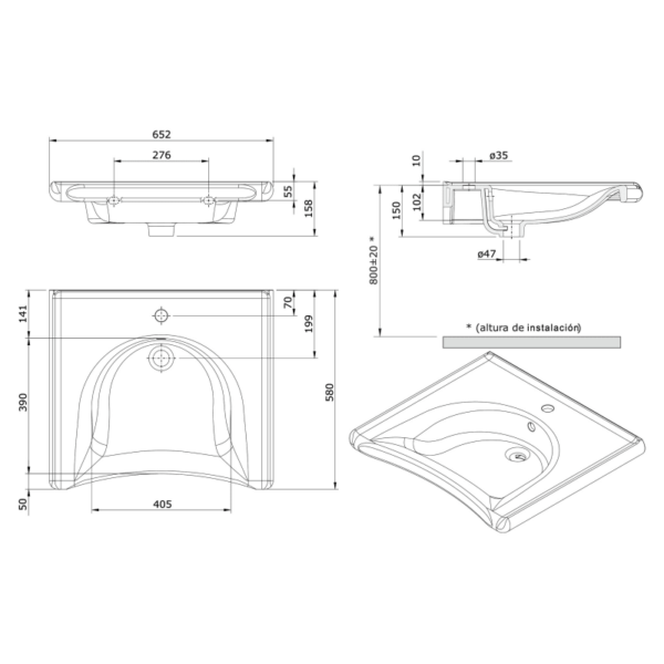 Lavabo suspendido New Wccare PMR de Unisan croquis 2