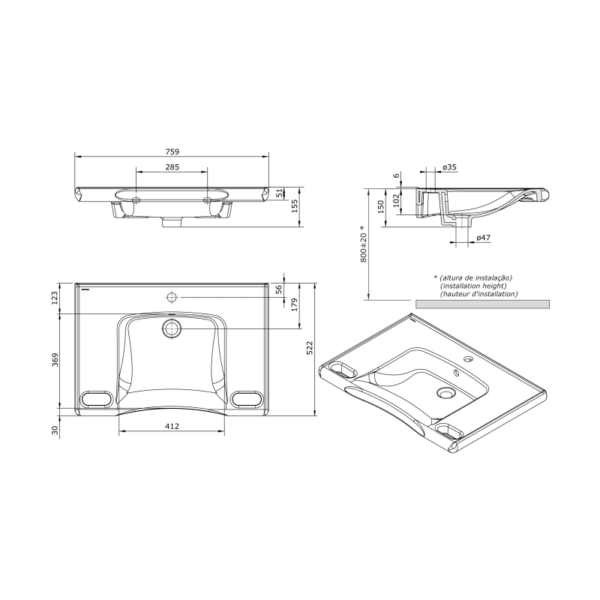 Lavabo suspendido New Wccare PMR de Unisan croquis 4