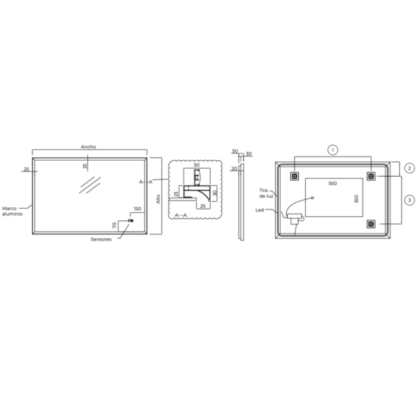 Espejo de baño con luz LED California Ledimex croquis 9