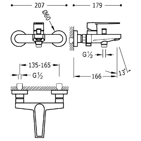 Grifo de bañera empotrado Class de Tres croquis 1