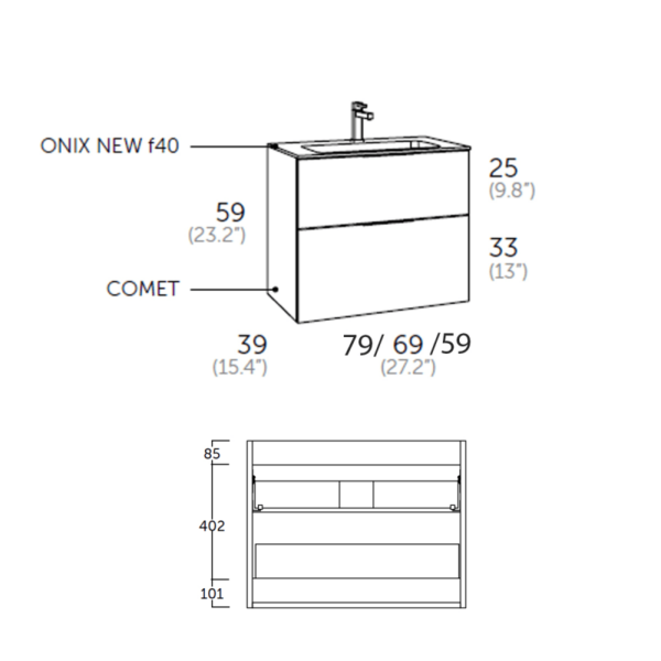Conjunto mueble de baño fondo reducido 41cm Comet tirador dorado Coycama croquis 6