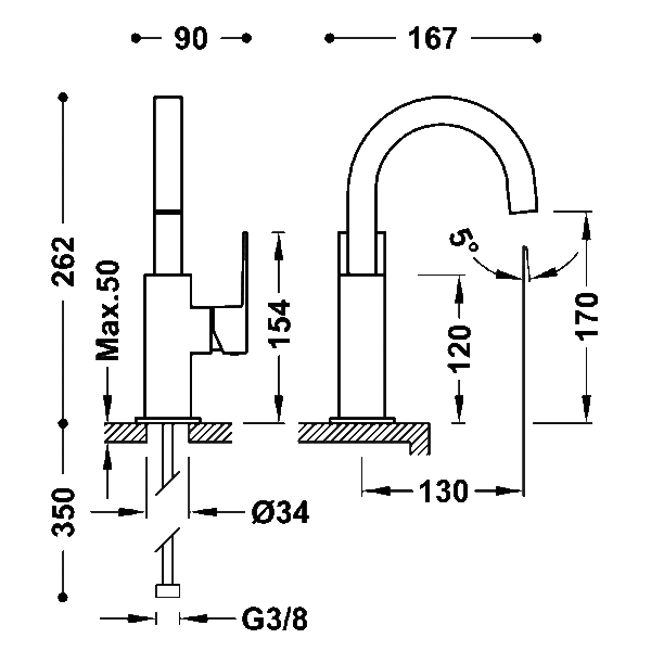 Grifo de lavabo Cuadro Tres croquis 2