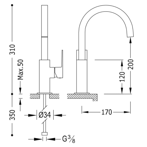 Grifo de lavabo Cuadro Tres croquis 1