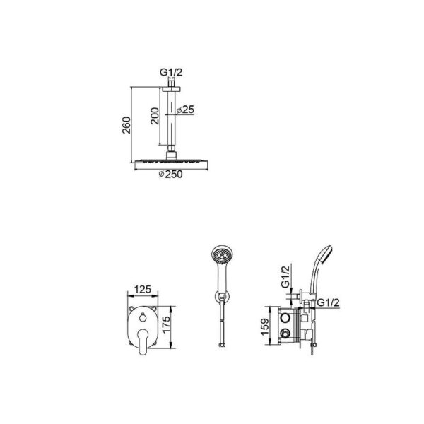Conjunto de ducha empotrado Mónaco Imex croquis 5