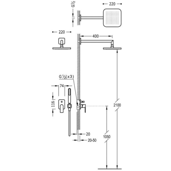 Pack grifo de lavabo + conjunto de ducha empotrado Loft Tres croquis 3
