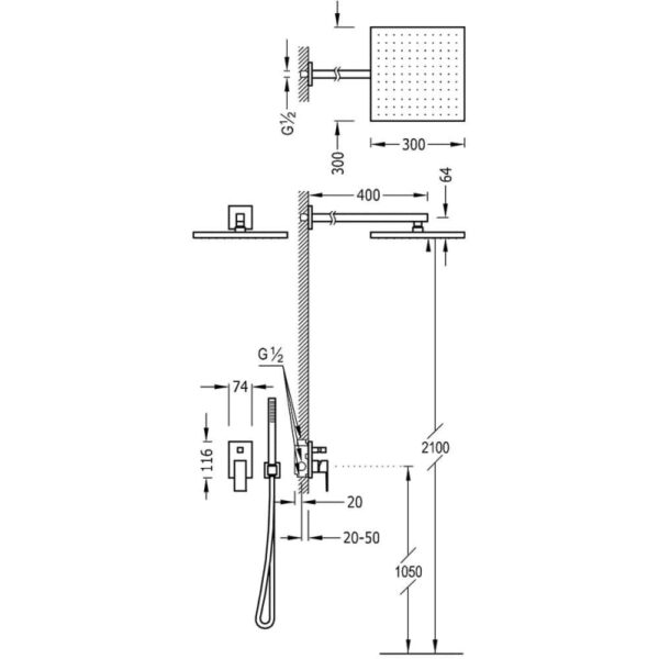Pack grifo de lavabo + conjunto de ducha empotrado Cuadro Tres croquis 4