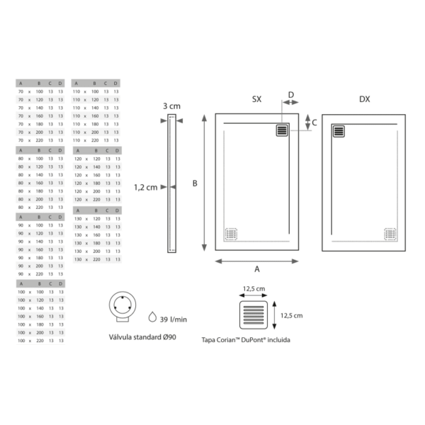 Plato de ducha Solid Surface Corian DuPont Centauro Hidronatur croquis 3