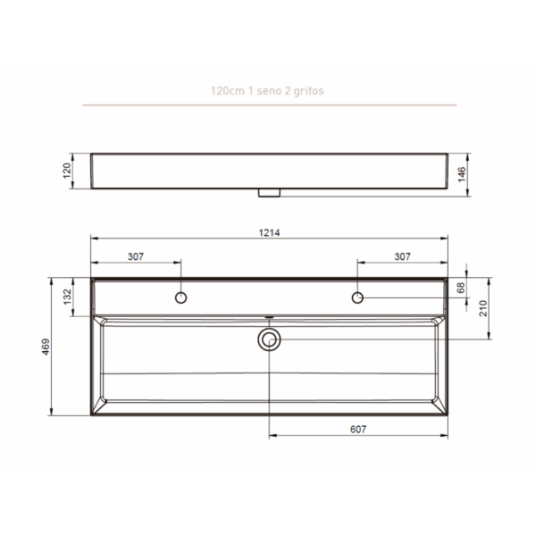 Lavabo encastrado para dos grifos de un seno 12 cm alto Lila Visobath croquis 3