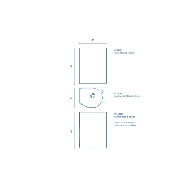 Conjunto completo mueble de baño fondo reducido 34 cm Mika Amizuva croquis 6